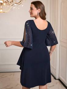 SHEIN Tall CURVE Váy tay xẻ nhún đính đá sang trọng cỡ lớn dành cho nữ, Váy cho nữ Váy thanh lịch cỡ lớn, Váy thanh lịch cỡ lớn, Váy cho phụ nữ trang trọng, Trang phục hàng ngày Bohemian/Boho - Màu xanh lam - Xem 2