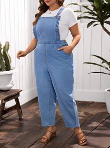 SHEIN LUNE Plus Size Washed Denim Bib Overalls, Casual Vacation - Light Wash - View 5