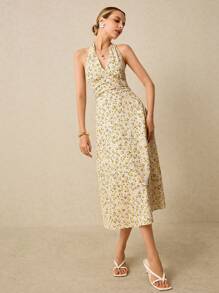 Poéselle Women's Romantic Yellow Ditsy Floral Ruched Waist Backless Halter Dress, Suitable For Vacation