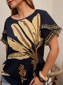 SHEIN LUNE Plus Size Floral Print Shirt With Cross Sleeves - Black - View 8