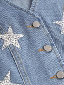 SHEIN Girlism Tween Girls' Casual Sleeveless Denim Vest Jacket With Star Pattern Sequin Decoration For Spring Summer Beach Vacation Outfits - Medium Wash - View 4
