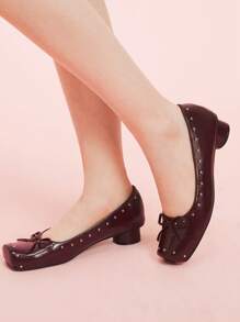 CUCCOO DOLLMOD Women's Square Toe Gray High Heel Shoes, Cylindrical Heel, Casual & Retro Style - Burgundy - View 3