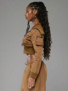 MUSERA 短款修身夹克，罗纹领口和腰部口袋细节，Y2K 冬季晚装 - 棕色 - 查看 2