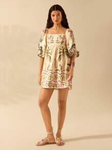 CAJUNI Vestido Curto Casual de Verão Praia Férias, Manga Lanterna, Estampa Tropical Azalea, Coqueiro, Monstera, Estilo Boho para Mulheres