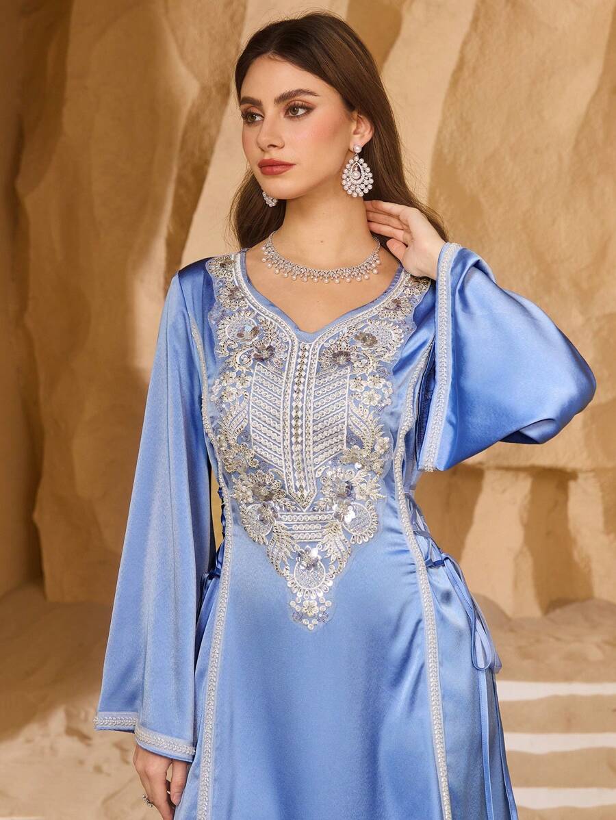 Al Najma 奢华串珠缝线，优雅侧腰系带，修身剪裁，高贵青春的女士连衣裙，卡夫坦和贾拉比亚，女士奢华晚礼服，端庄