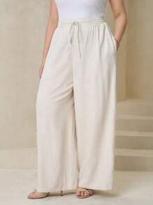 SHEIN Clasi Plus Size Franse Stijl Trekkoord Taille Wijde Pijpen Broek, Geschikt Voor Woon-werkverkeer, Minimalistisch, Kantoorkleding, Vintage, Casual, Terug Naar School, Zomer Vrouwen, Khaki