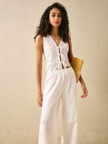 Poéselle Bộ đồ hai mảnh thêu ren màu trơn đơn giản cho kỳ nghỉ của phụ nữ Bộ đồ hai mảnh màu trắng Bộ đồ thêu Áo ren ngắn Bộ đồ nữ Quần ống rộng Váy cưới cho phụ nữ Trang phục tiệc trà Áo ba lỗ cho phụ nữ Quần rộng thùng thình và áo sơ mi dễ thương Trang phục hòa nhạc đồng quê - trắng - Xem 3