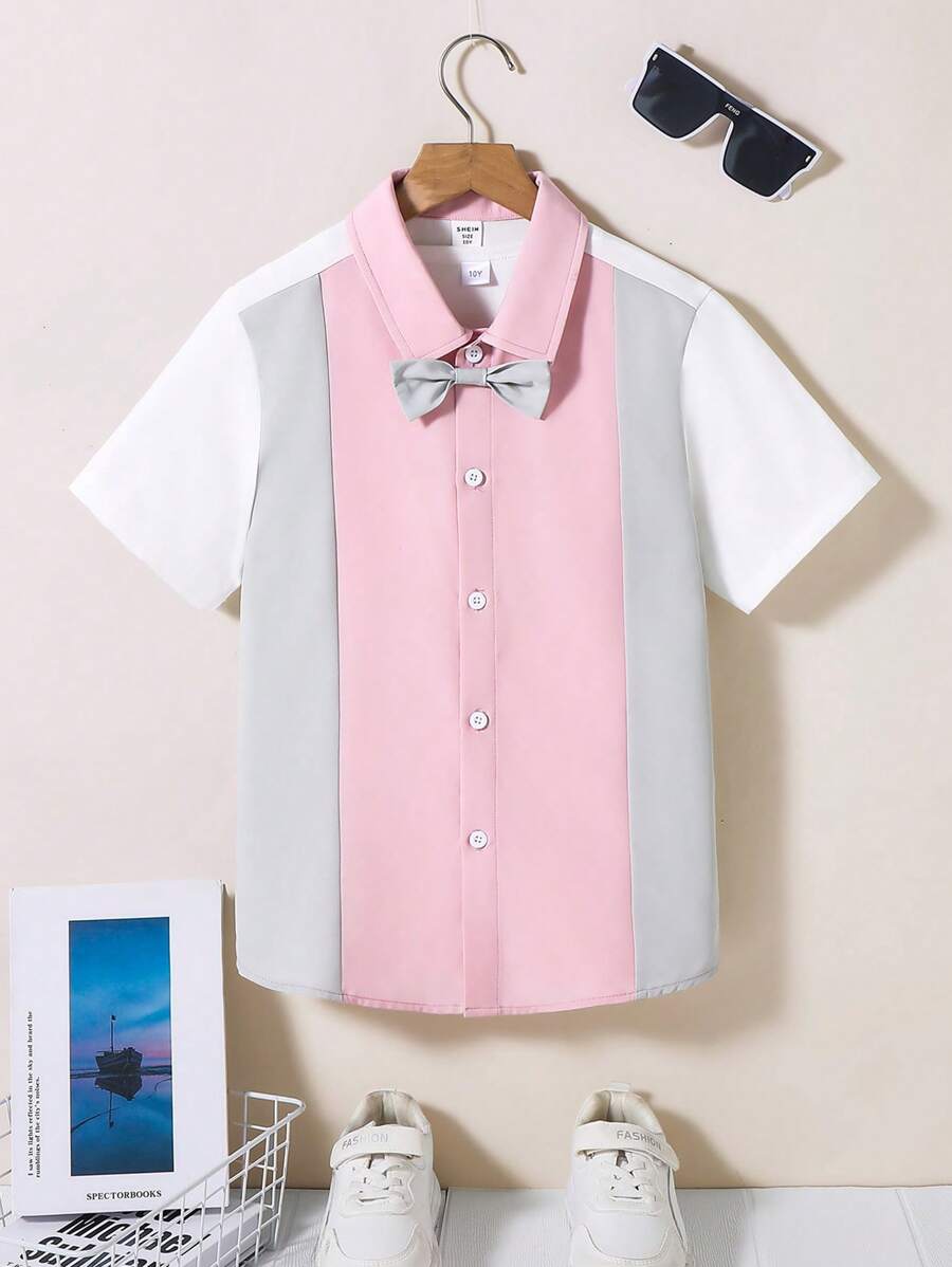 SHEIN Tween Boy Contrast Color Bow Tie Lapel Short-Sleeved Shirt Is Suitable For Summer Leisure Outings, Festivals, Parties, Weddings And Other All-Match And Versatile Occasions - Multicolor - View 1