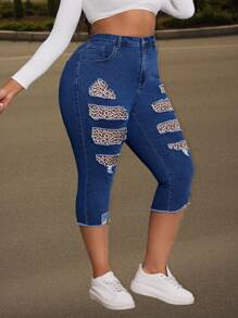 SHEIN SXY Quần Jeans Skinny Họa Tiết Da Báo Gợi Cảm Cho Nữ Cỡ Lớn - Màu xanh lam - Xem 3