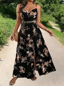 Breezaya Vestido camisero de talla grande con decoración de hebilla en la cintura y abertura en el bajo