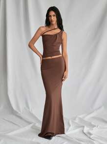 SHEIN Unity Set da 2 pezzi in stile boho per donna, composto da un top monospalla con vita in vita plissettata e una gonna lunga e asimmetrica a vita bassa a coda di pesce, dal colore caffè, adatto per festival musicali. - Caffè Marrone - Visualizzare 3