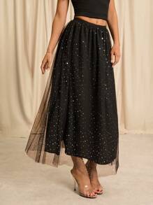 Glamine Falda con sobreposición de malla de talle alto