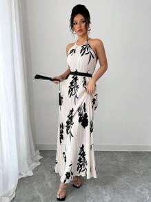 Chiquease Women's Resort Casual Halter Neck Floral Print Dress - Apricot - View 6