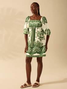 CAJUNI Women's Boho Tropical Green Plant Print, Lantern Sleeve Short Mini Dress, Casual Beach Summer Dress