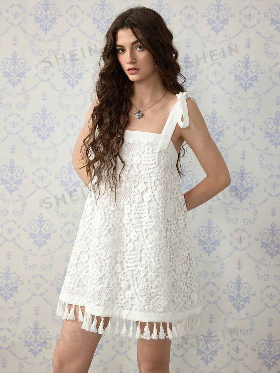 SHEIN MOD Rochie albă boho croșetată cu ciucuri, vacanță, stil hippie chic, casual, boemă, rochie de vacanță, rochie de primăvară-vară, ținută cowgi, ținută de concert pentru femei, ținute western pentru femei, ținute de plajă pentru femei, top hippie