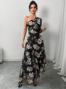 Modelyn Women's Elegant Floral All-Over Print Asymmetric Neck Long Sleeve Dress - Multicolor - View 4