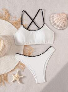 SHEIN Swim Conjunto de bikini de vacaciones de verano para mujer con detalles de flores - Blanco - Ver 5
