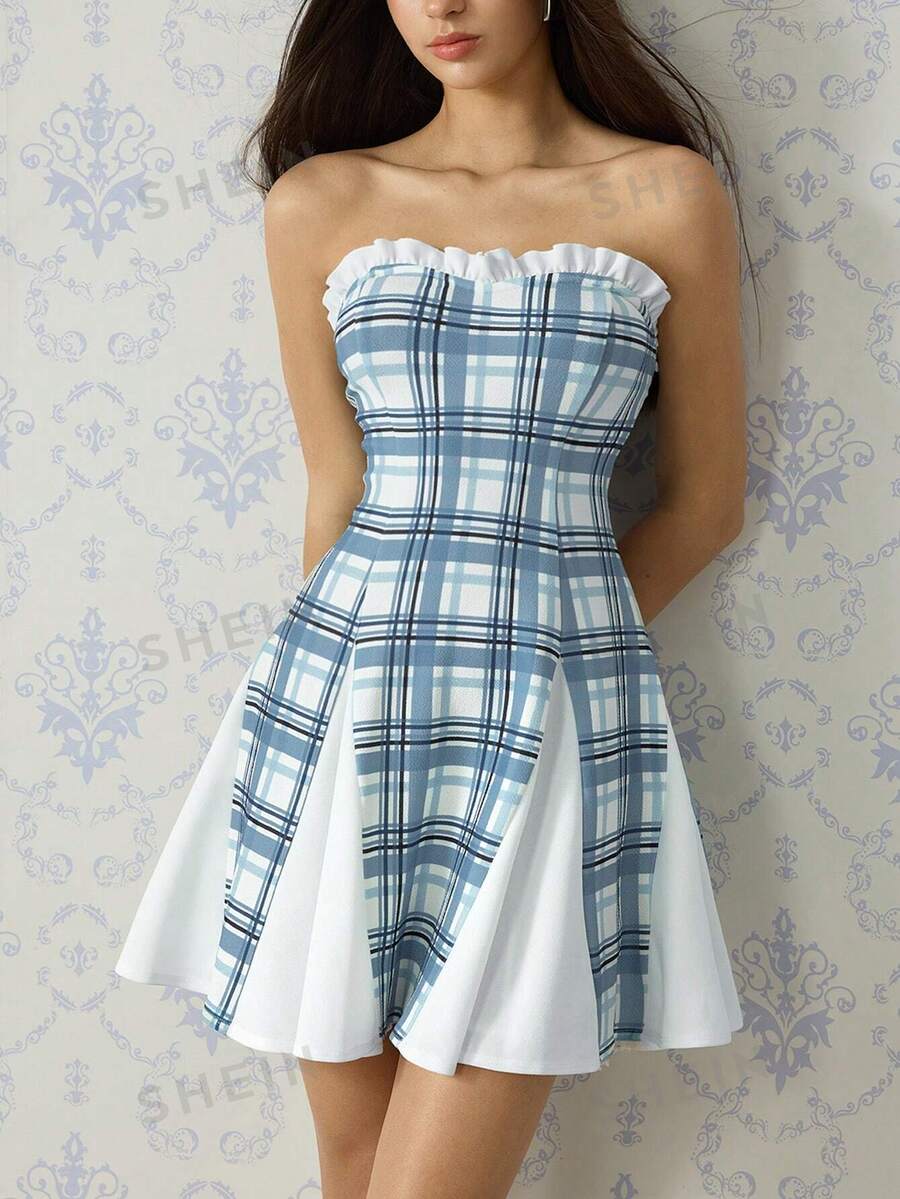 SHEIN MOD Vestido sin tirantes con aplicaciones de encaje, cuello y patchwork de cuadros