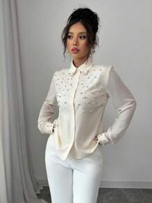 Elenzga Women's Beige Pearl Embellished Long Sleeve Shirt Fall Cloth For Women - Apricot - View 4