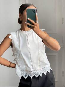 SHEIN Frenchy Guipure Lace Paneled Lock Hole Sleeveless White T Shirt Everyday Wear  Summer Outfits For Women  Summer Tops  Tube Top  Going Out Tops Women