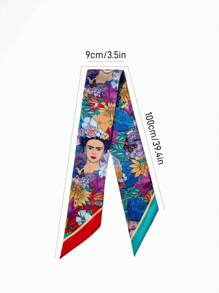 Frida Kahlo X SHEIN 100 cm Elegant Floral Printed Dublu-Adevărat Satin Neted Eșarfă Șal Accesoriu de păr Bandă de păr, Potrivit pentru viața de zi cu zi și vacanță Bandă de păr Turban