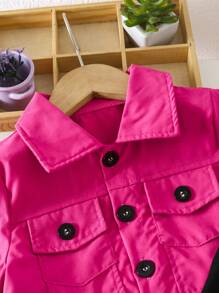 SHEIN Young Girl Solid Color Short-Sleeved Single-Breasted Shirt And Cami Dress Two-Piece Set - Hot Pink - View 7