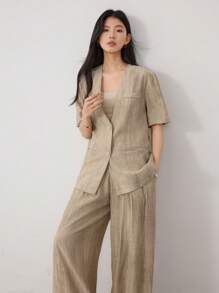 Dazy-Less 2pcs Women's Loose Minimalist Formal Business Suit Set Old Money Style - Khaki - View 4