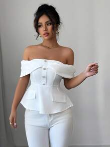 Elenzga Blusa con hombros descubiertos, volante en el bajo y corazón de pedrería para mujer - Blanco - Ver 3