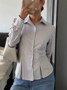 SHEIN Essnce 女士修身条纹长袖衬衫、白衬衫、女士商务装 - 黑與白 - 查看 3