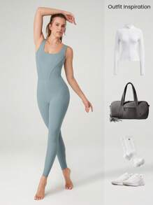 GLOWMODE Body de sport élégant pour femme d'été, combinaison 24" FeatherFit™ avec contrôle du ventre et dos ouvert, pour le yoga et la gym - Gris - Voir 8