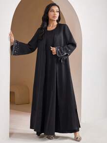 Veilorie Women's Elegant Black Slit Tie Rope Long Sleeves Arabian Burkha Abaya, Concert Women Old Money Spring Break Modest Robe Abaya - Black - View 4