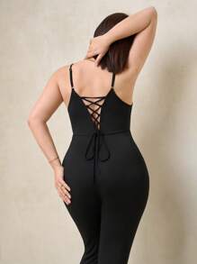 SHEIN Clasi Mono tipo jumper con corte en la espalda, tirantes de espagueti y elástico, para mujer de talla grande, atuendo elegante para el día a día, primavera/verano - Negro - Ver 2