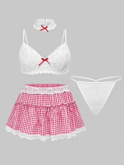 Kawaii طقم ملابس داخلية مثير مكون من 4 قطع مع أقراط الكشمير الرائعة بأسلوب الفلاحين المذهل ومناسب للمقاسات الكبيرة