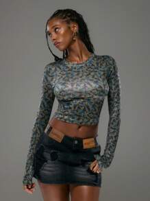 MUSERA Printed Body Long Sleeve Slinky Top Women Street Style Spring Going Out Top Vacation Spring Summer Fall - Coffee Brown - View 1