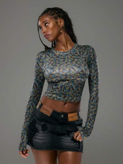 MUSERA Printed Body Long Sleeve Slinky Top Women Street Style Spring Going Out Top Vacation Spring Summer Fall