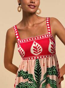 Travachic Vestido largo tipo camiseta sin mangas con volantes y estampado de plantas