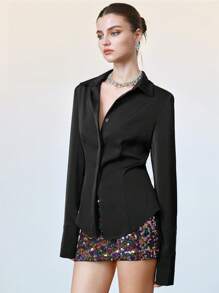 SHEIN LUNE Camicia in raso nera con spalle imbottite, maniche lunghe e bottoni, casual elegante da donna, adatta per l'ufficio, l'estate, occasioni formali, serate, compleanni, feste, matrimoni, eventi serali e cocktail - nero - Visualizzare 7