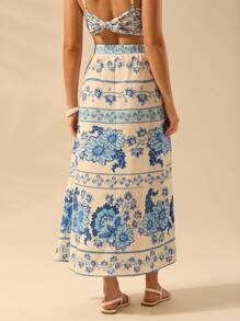 CAJUNI Women's Boho Tropical Plant & Flower Blue Print Skirt, Vacation Casual Summer Skirt