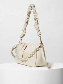 Faux Pearl Beaded Ruched Bag Winter Gifts - Beige - View 2