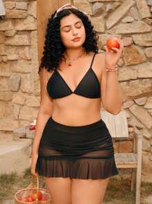 Swim Mod 大码高腰比基尼泳裤，网眼拼布和荷叶边下摆，适合海滩度假、夏季度假