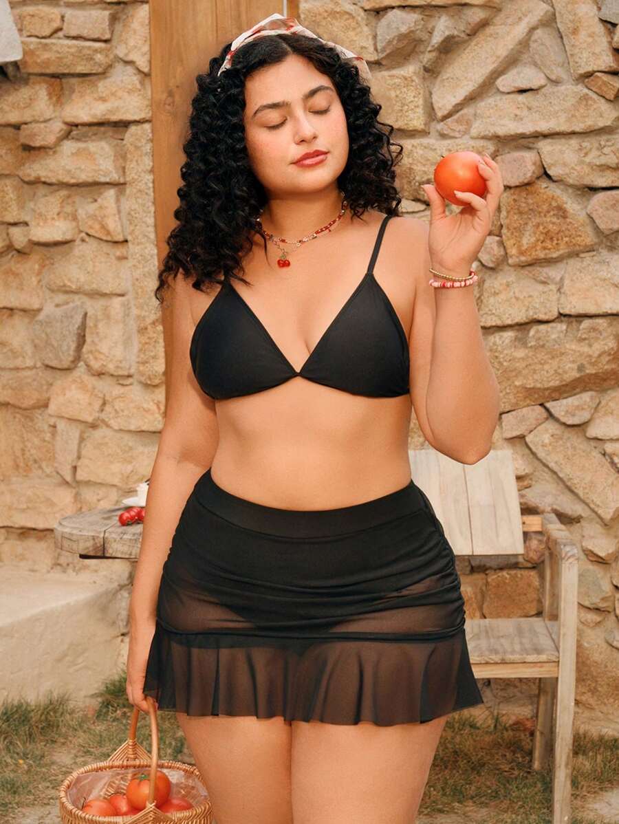 Swim Mod 大码高腰比基尼泳裤，网眼拼布和荷叶边下摆，适合海滩度假、夏季度假