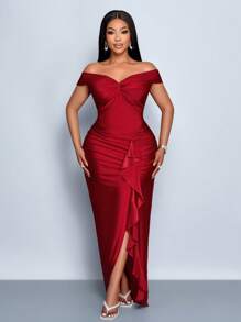 SOLERSUN 春夏女装婚纱派对酒红色无袖单肩前襟扭褶装饰前襟开叉侧边大码针织连衣裙秋冬面料连衣裙多款式扭褶设计连衣裙派对连衣裙圣诞连衣裙新年连衣裙 - 紅色 - 查看 5