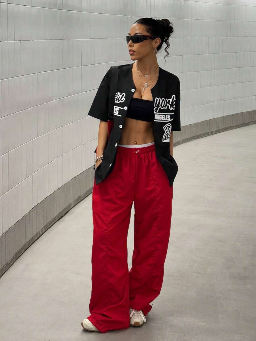 StreetHx Oversized Women Casual Solid Color & Contrast Print Short Sleeve Button Down Shirt - Black - View 1