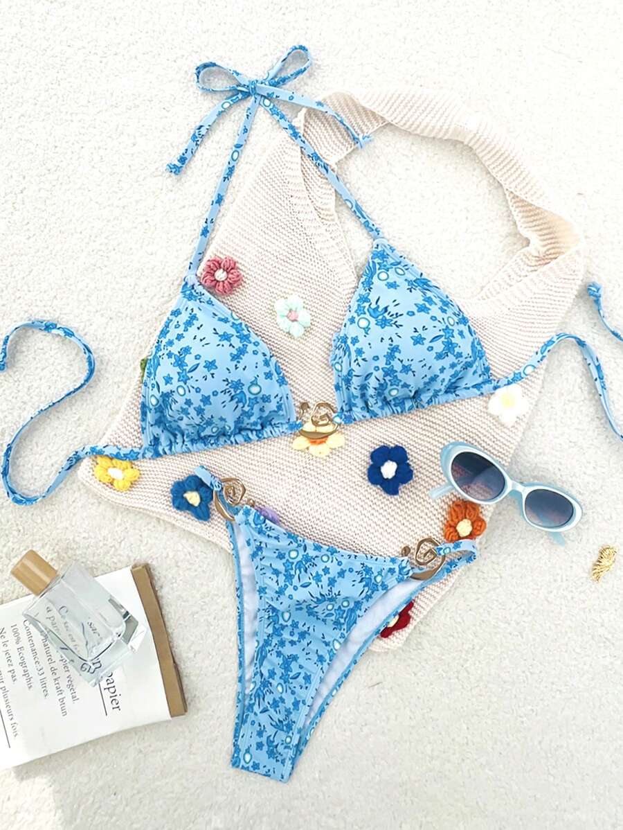 SHEIN Swim 女士夏季海滩度假随意碎花吊带系带金属装饰性感比基尼套装 - 藍色 - 查看 1