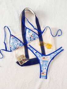 SHEIN Swim 女士两件套印花撞色绑带比基尼套装，夏季海滩度假 - 彩色 - 查看 3
