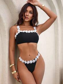 SHEIN Swim 黑色蕾丝甜美风格女士两件套比基尼泳装，夏季海滩度假 - 黑色 - 查看 5