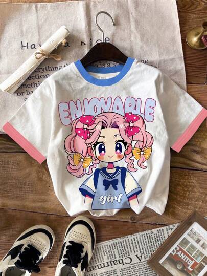 SHEIN Leap Crew 可爱卡通女孩，少女休闲简约短袖圆领T恤适合夏季