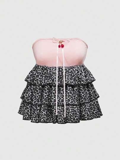 Top tube imprimé léopard kawaii Hime Gyaru avec décorations de cerise