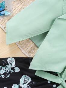 SHEIN Tween Girl 2 Pieces Set: Olive Green Top Vest Matched With Black Base Rose Digital Printed Jumpsuit - Olive Green - View 5