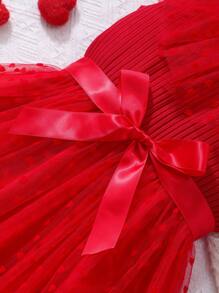 Girls V-Neck Sleeveless Heart Mesh Elegant Dress With Belt, Spring/Summer